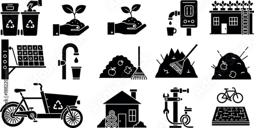 Black silhouette eco icons set showing recycling bins, plant growing in hand, water dispenser, compost heap with rake, cargo bike with recycling box and garden shed