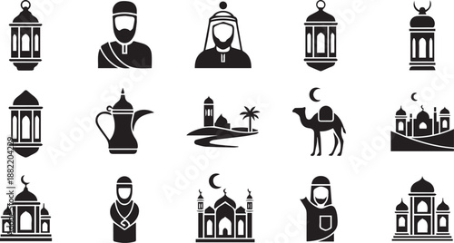 Islamic Heritage Icon Set Featuring Traditional Arab Avatars, Mosque Architecture, and Desert Landmarks