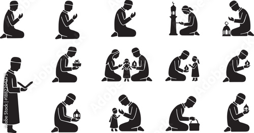 Islamic Muslim People Figures Icon Set Featuring Prayer, Quran Reading, and Family Ramadan Moments