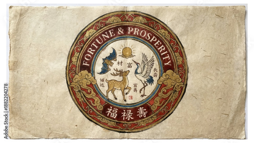 Fortune and prosperity symbol with deer and chinese characters on vintage paper background