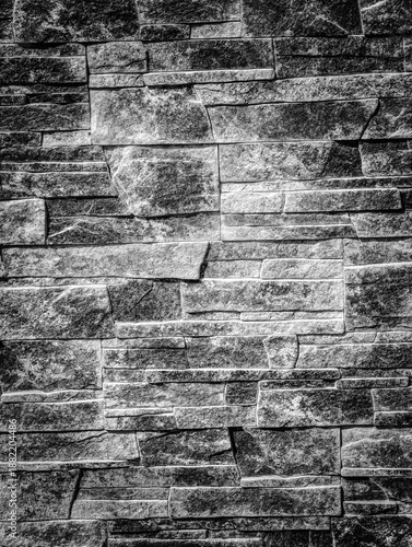 Black and White Stacked Stone Wall Texture - Monochrome Ledgestone Wallpaper Background for Minimalist Design and Professional Marketing