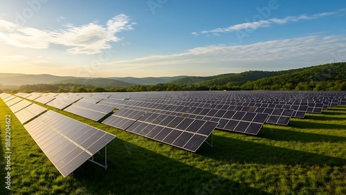 Large array of solar panels in a green field, with mountains and blue sky, lit by sunlight