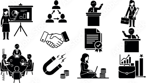 Business meeting presentation handshake leadership teamwork strategy growth financial success icons set in black silhouette style