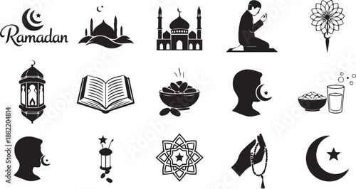 Essential Islamic Ramadan Icon Set Featuring Prayer, Quran, Mosque, and Iftar Celebration Symbols