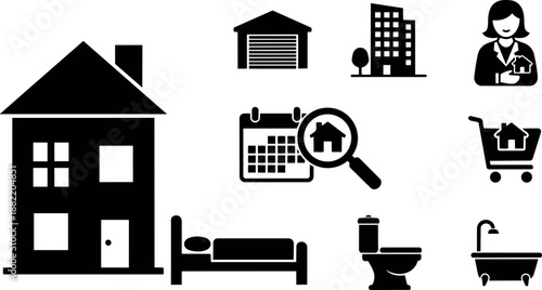 Black silhouette icons of house building bed toilet bathtub calendar shopping cart and realtor representing real estate business and home living elements