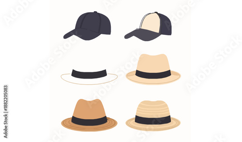 Stylish flat vector hat collection with men and women fashion headwear isolated on white background