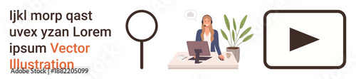 Content creation, online learning, digital marketing, workflow management, technology, productivity. A woman at a desk, magnifying glass play button icon. Content creation and online learning
