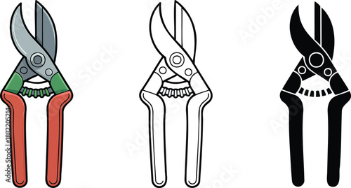 Garden shears silhouette & Outline and illustration set isolated on transparent background