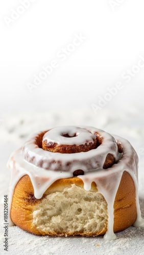 Cinnamon Roll with White Icing and Bite Taken.