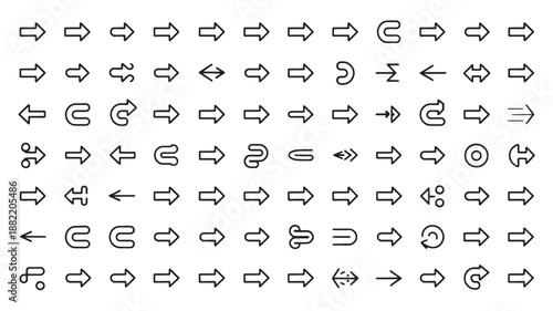 Collection of Various Arrows in Minimalist Line Art Style with Black Color on White Background for Graphic Design