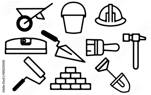Set of 9 Black Outline Construction Tools Icons Vector