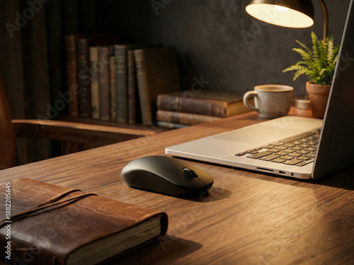 Modern office workspace featuring a generic wireless mouse on a clean desk