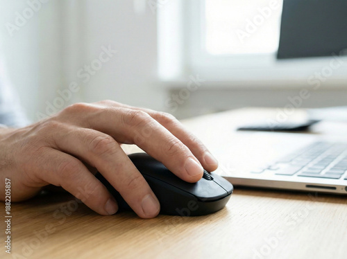 Close-up of a human hand using a generic wireless computer mouse on a modern office desk