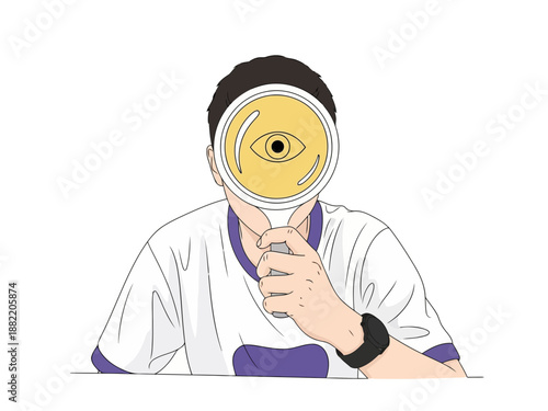 A man holding a magnifying glass with an eye on it in front of his face