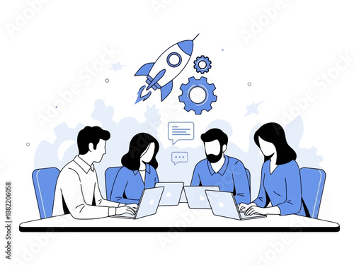 A group of people sitting around a table with laptops and a rocket ship flying overhead in a blue and white illustration