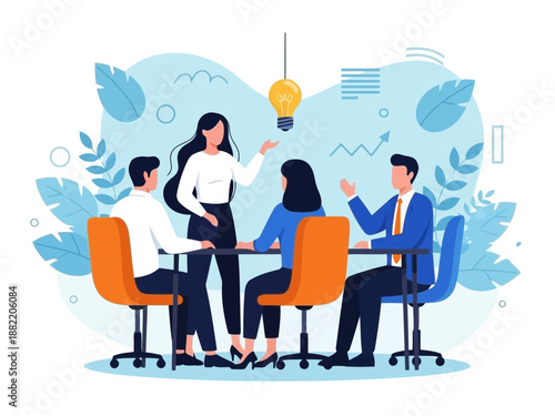 A group of people sitting around a table with one woman standing and a lightbulb above in a blue and white illustration