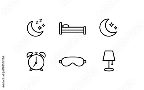 Collection of simple line icons representing sleep and nighttime activities
