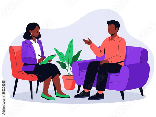 Diverse people having a conversation in a relaxed setting with a plant nearby on colored background