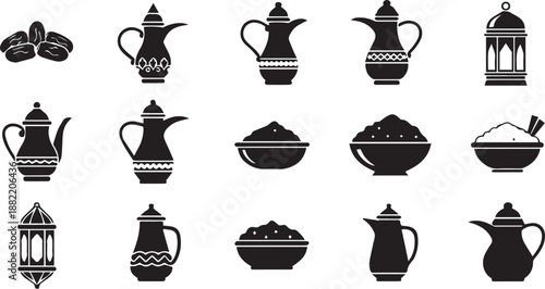 Traditional Islamic Iftar Food and Drink Icon Set Featuring Dates, Coffee Pots, and Lantern Silhouettes