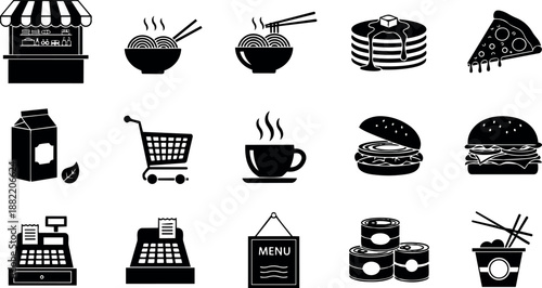 Silhouetted black icons collection including food stall noodle soup pizza pancakes milk carton shopping cart coffee cup burgers cash registers menu board canned food chopsticks black vector set