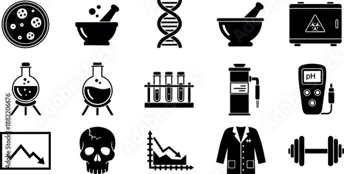 Black and white laboratory equipment icons including petri dish, mortar pestle, dna strand, test tubes, skull, graphs, lab coat, dumbbell illustrations