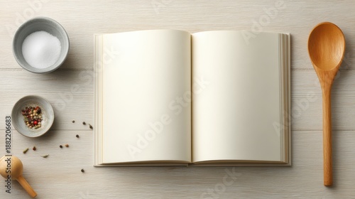 Wallpaper Mural recipe notebook open with spoon and spices on wooden table Torontodigital.ca