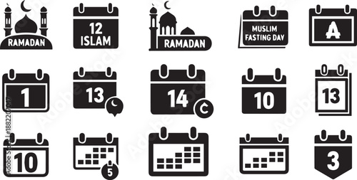 Islamic Ramadan Calendar Icon Set featuring Mosque Silhouettes and Muslim Fasting Day Schedules