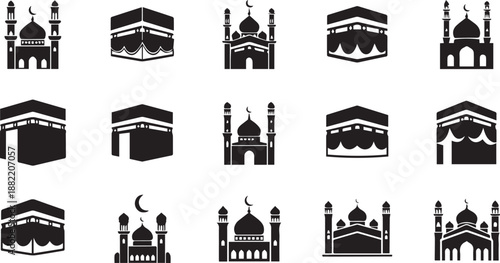 Islamic Religious Landmark Icon Set Featuring Detailed Kaaba and Mosque Silhouettes