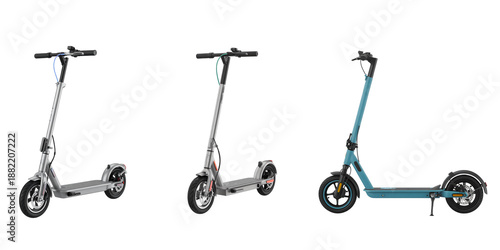 Three Modern Electric Scooters Comparison Side View Isolated on a Transparent Background