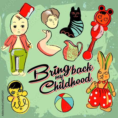 Nostalgic illustration featuring vintage toys and dolls, evoking childhood memories with playful colors and whimsical designs.