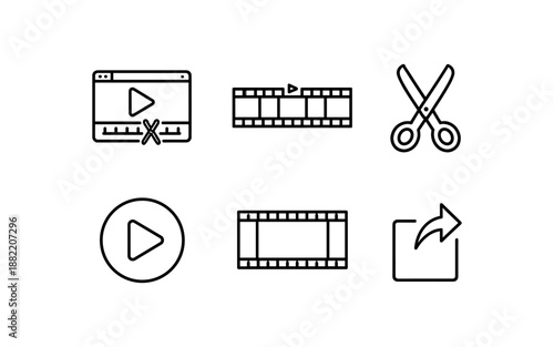 Collection of video editing and playback icons including play button, film strip, and scissors
