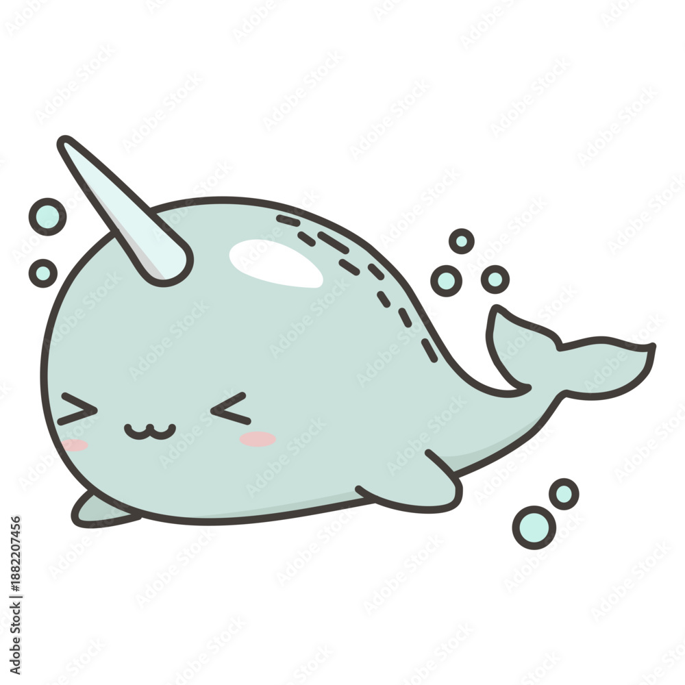 Fototapeta premium Happy kawaii narwhal flat