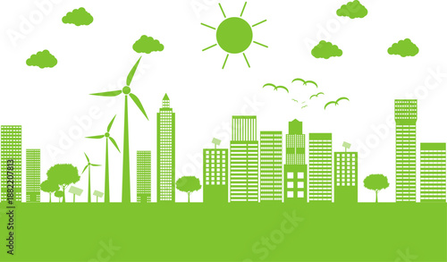 Sustainable Green City Vector Illustration, Eco Friendly Urban Skyline with Wind Turbines and Renewable Energy Icons