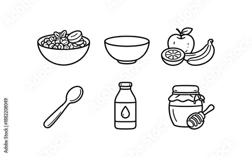 Healthy breakfast ingredients icons: cereal, fruit, milk, and honey for a nutritious meal