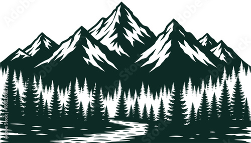 Serene mountain landscape with pine forest and winding river