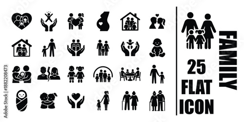 Family black and white vector icon set parents children baby grandparents pregnancy love care flat pictogram collection