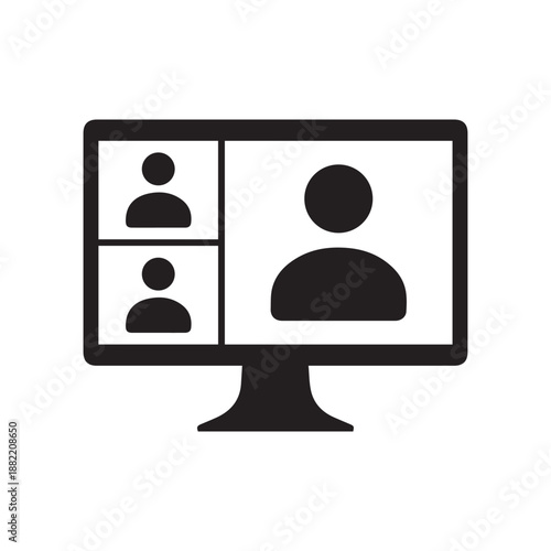 Remote work, remote learning or online video meeting with three people flat vector icon for apps and websites
