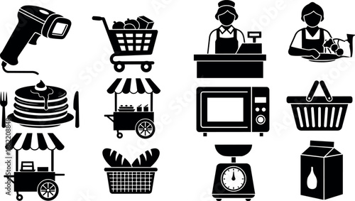Black silhouette grocery store elements with shopping cart barcode scanner weighing scale and market stall icons