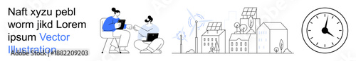 Renewable energy, teamwork, sustainable development, time management, urban planning, clean energy. People working on laptops, solar panels wind turbines urban settings clock. Renewable energy