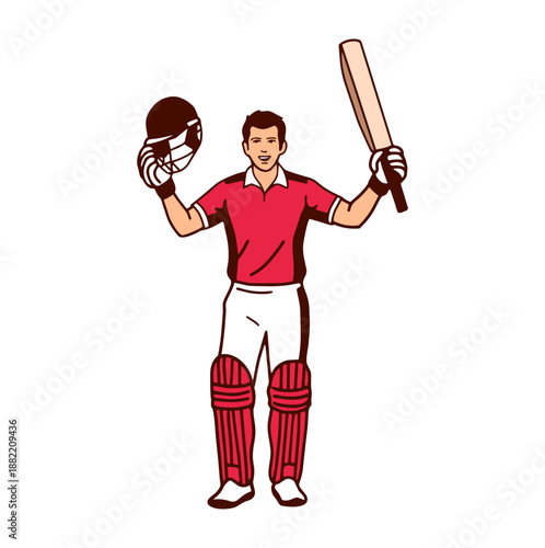 Illustration of a cricket batsman celebrating victory by raising a bat and helmet, symbolizing success, achievement, and professional cricket performance.
