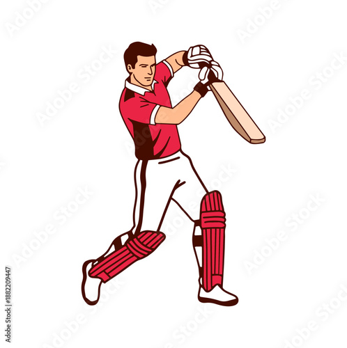 Illustration of a cricket batsman playing an attacking shot with follow-through, representing action, strength, and professional cricket gameplay.