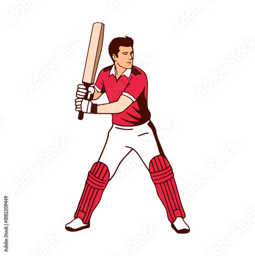 Illustration of a cricket batsman standing in batting stance holding a cricket bat, representing focus, preparation, and professional cricket gameplay.