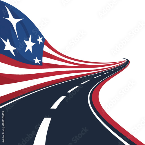 A stylized illustration of a winding road with a flowing American flag design, featuring red and white stripes and blue with white stars on a white background. Perfect for america 250