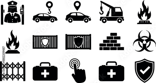 Black security icons set including police officer, tow truck, car location, fire, biohazard, first aid kit, shield and brick wall elements vector art