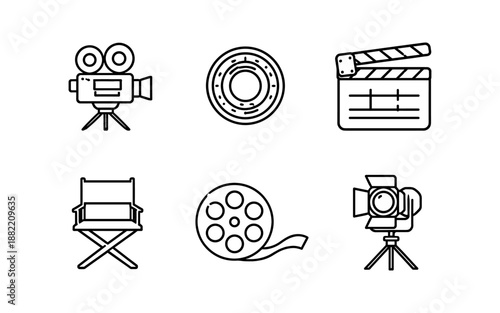 Collection of cinematic icons representing film production and movie making elements