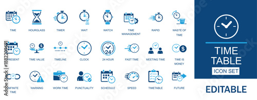 Time Table solid Vector icon Set. Features icons of future, hours, management, meeting, signs, timeline, graphic, measurement, work, check collection.