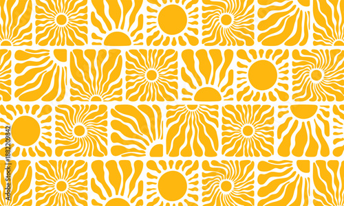 Seamless Sun Pattern Vector, Retro Stylized Sunbursts and Wavy Rays for Textile, Wallpaper and Summer Branding