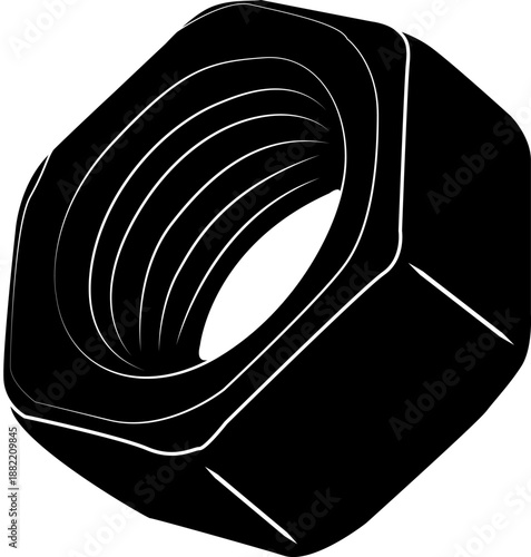 Nut. A metal fastener with internal threads. Hexagonal shape. Used for connections and securely fastening parts in mechanisms.