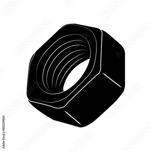 Nut. A metal fastener with internal threads. Hexagonal shape. Used for connections and securely fastening parts in mechanisms.
