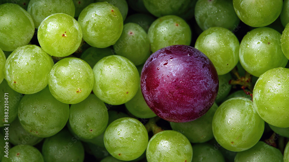 Obraz premium Fresh green grapes with a single purple grape